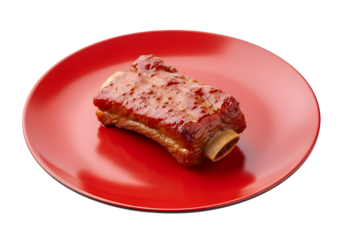 A single portion of glazed ribs rests on a vibrant red plate, against a stark black background.