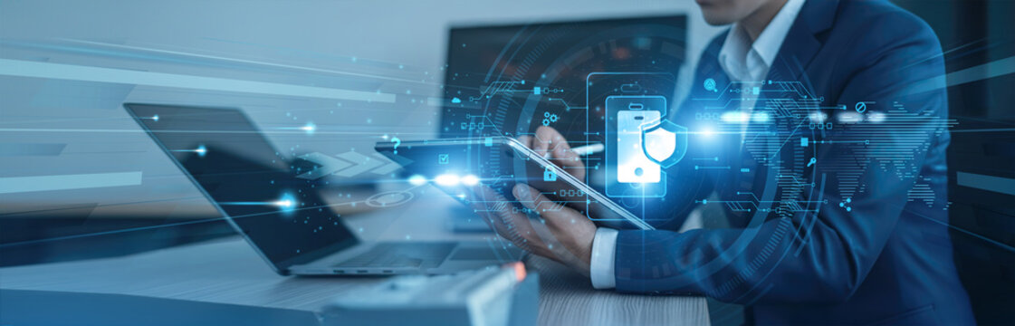 Mobile security, data protection Businessman using tab with analysis data of growth to secure global connection, device encryption, threat prevention, application protection