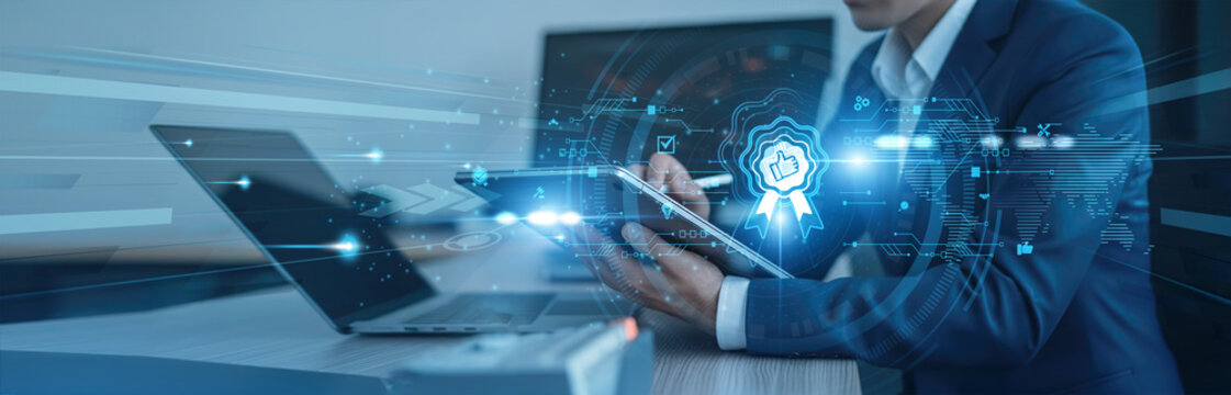 Testing automation, performance checks Businessman using tab with analysis data of growth to quality assurance global connection, bug detection, compliance testing, process improvement