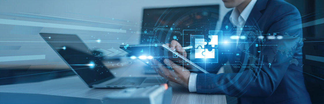 Strategies, innovation Businessman using tab with analysis data of growth to solutions global connection, business optimization, enterprise integration, digital transformation