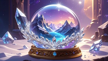 A captivating snow globe, filled with a serene mountain scene, rests on a decorative golden base, showcasing intricate details and a magical ambiance.