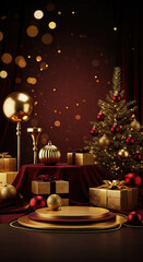 Luxury Christmas Setting with Gold Decor, Festive Tree, Wrapped Gifts and Elegant Podium on Burgundy Background, Holiday Celebration, Product Display for Seasonal Promotion