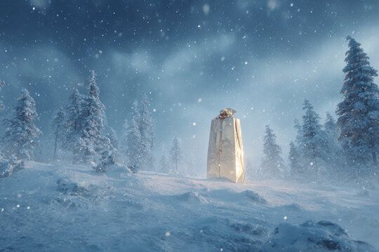 beautifully wrapped gift bag surrounded by augmented reality snowflakes creating whimsical atmosphere