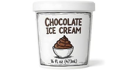 "A delicious tub of chocolate ice cream with a rich, creamy swirl on top, labeled with ‘Chocolate Ice Cream,’ offering a delightful treat in a 16 fl oz container for all chocolate lovers to enjoy."