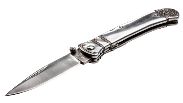 A high-angle, studio shot of a pocket knife.  The blade is stainless steel, appearing smooth and reflective, and is open.  The handle is also stainless steel, showing a polished finish.