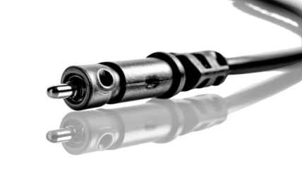 Close-up, black coaxial cable connector, reflective surface, technology background, audio-video use