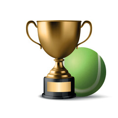 Vector 3d Realistic Golden Trophy Cup Icon with Tennis Ball. Sports Award Illustration for Tennis Tournament, Match Victory, Champion Prize, Sports Event Design, Competition Reward, Winner Concept