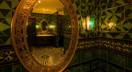 Fototapeta premium Ornate Mirror Reflects Green Tiled Bathroom Interior Design with Deco Elements