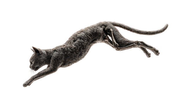 Gray cat in mid-air leap