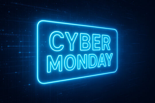 Cyber Monday Neon Sign with Blue Glowing Text on a Digital Binary Background
