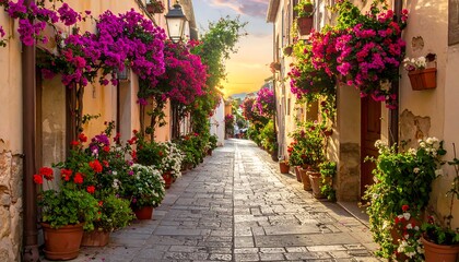 Naklejka premium Picturesque Italian alleyway bursting with flowers at sunset