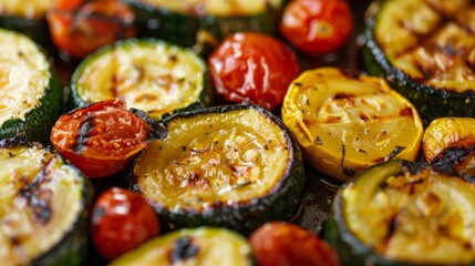 Charred zucchini and yellow squash slices topped with roasted cherry tomatoes.