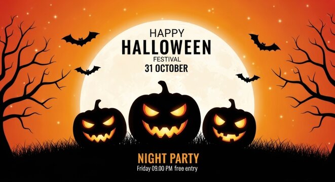 Spooky Halloween Night Party: Silhouetted Pumpkins, Bats, and Full Moon Glow - Powered by Adobe
