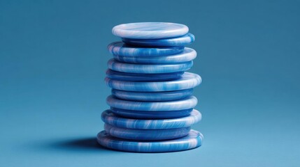 Stack of blue and white striped rings on a light blue background. the rings are arranged in a pyramid-like structure, with the top ring slightly higher than the bottom one.