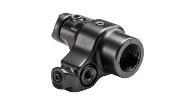 Black metal component, precision-machined, studio shot, industrial background, engineering