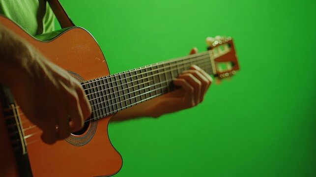 A closeup of hands strumming a guitar on a green background.