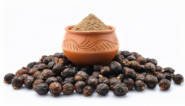 A Mud Pot Filled With Organic Soapnuts Or Reetha Sapindus Mukorossi Powder Placed On A Heap Of Soapnuts Berries Isolated On A White Background