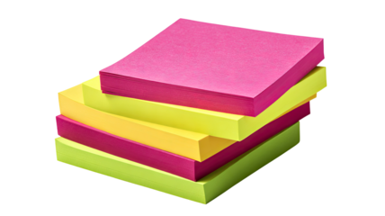 Stack of colorful sticky notes.  Stacked rectangular notes in vibrant pink, yellow, and lime green.  Bright, bold colors.  Close-up view