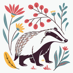 Cute badger surrounded by flowers illustration