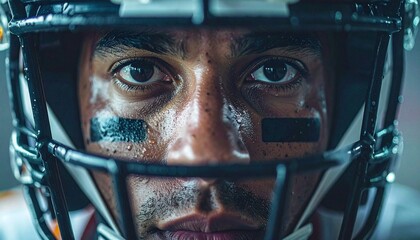 A close up cinematic view of a football player’s eyes intensely staring through the helmet face mask, showcasing focus, determination, grit, and resilience under dramatic lighting during the big game