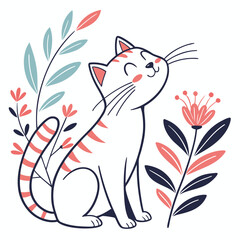 Cute cartoon cat with flowers, vector illustration