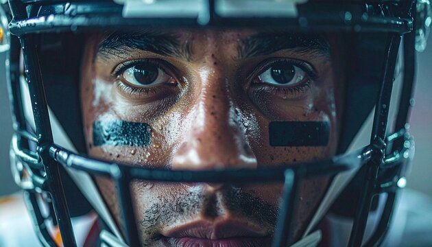 A close up cinematic view of a football player’s eyes intensely staring through the helmet face mask, showcasing focus, determination, grit, and resilience under dramatic lighting during the big game