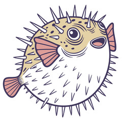 Pufferfish with spikes, cute cartoon illustration