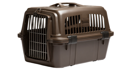A brown plastic pet carrier with a metal cage.  The carrier is rectangular, with a hinged top and a wire mesh front and sides.  It is presented from a three-quarter angle