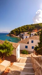 Obraz premium Mediterranean village, blurred view, steps leading down to harbor