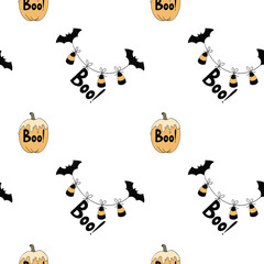 Seamless pattern with Halloween pumpkins and bats