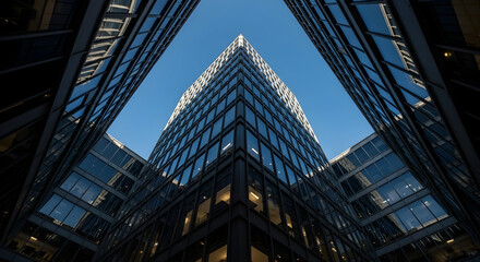 Fototapeta premium Perspective Shot of Iconic Tall Buildings with Clear Blue Sky and Artistic Design
