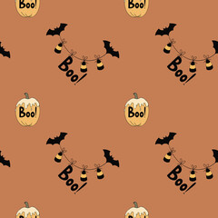 Seamless pattern with Halloween pumpkins and bats