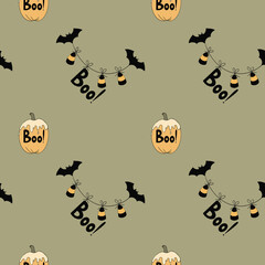 Seamless pattern with Halloween pumpkins and bats