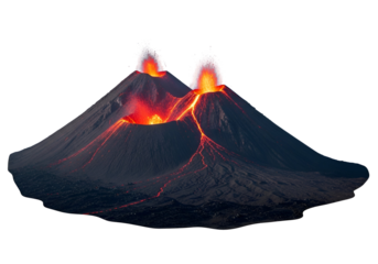 Two active volcanoes erupt with bright, fiery lava and billowing white smoke against a dark background.