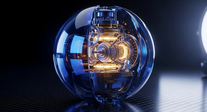 Futuristic technology sphere showcasing intricate gears and mechanics with glowing internal illumination - Powered by Adobe