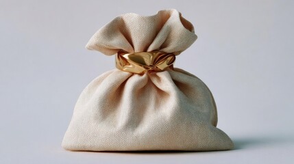 The image is of a small, beige-colored drawstring bag with a gold ribbon tied in a bow on top. the bag appears to be made of a woven fabric with a textured pattern.