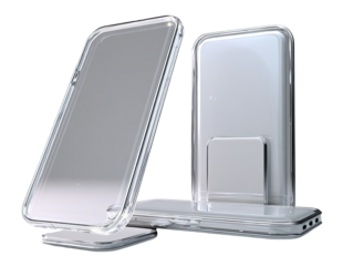 Clear protective phone cases and wireless charging stand.  Two smartphones,  with transparent protective cases,  are displayed on a wireless charging pad,  also clear.