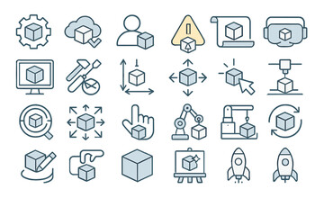 A collection of thin‑line icons for new product development, featuring outline symbols, editable vector strokes, and 256×256 pixel‑perfect designs scalable to 128 px, 64 px, and beyond