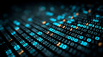 A close-up image of binary code in glowing blue reprsenting data, cybersecurit, or information technolog