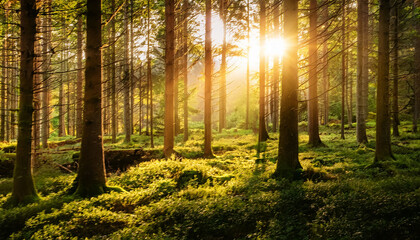 Fototapeta premium Lush Forest Scene Bathed In Golden Sunlight