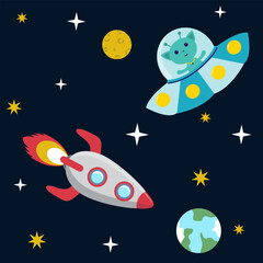 Space with rocket and flying saucer, alien, stars, moon, planets, spaceship, flat design