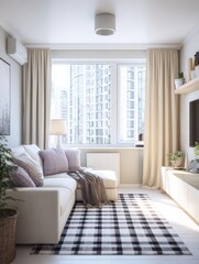 A cozy, light-filled living room boasts a modern, neutral color palette and a charming black and white checkered rug.