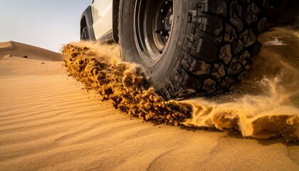 Low angle close-up of rugged off-road vehicle tires kicking up sand in desert dunes, capturing the thrill, motion, and power of extreme 4x4 adventure with cinematic dramatic lighting