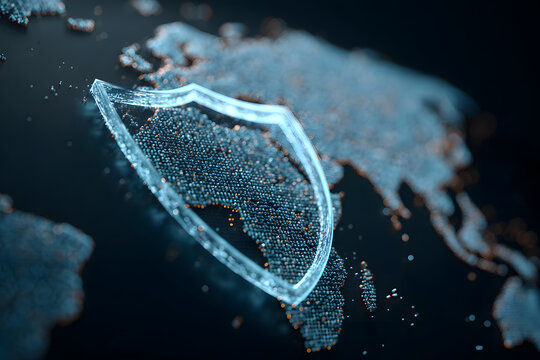 Cybersecurity shield icon over digital world map, glbal data protection concep, network security, internt safety, encryption, digial privacy, secure online onnections