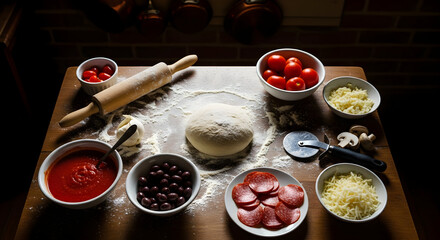 Preparing Italian Pizza ingredients on a Table Surface for Baking in the Kitchen