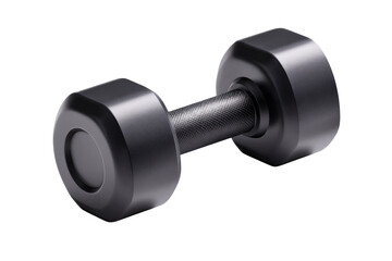 A dark gray dumbbell, angled view.  Rounded, hexagonal weights.  Textured handle