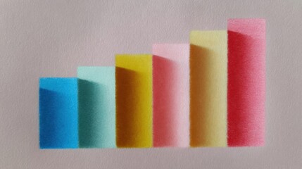 Horizontal bar graph with six vertical bars. the bars are arranged in a vertical line, with each bar having a different color - blue, green, yellow, pink, orange, and red.