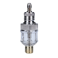 Chrome fuel filter close-up, studio shot, transparent glass, black background, automotive part