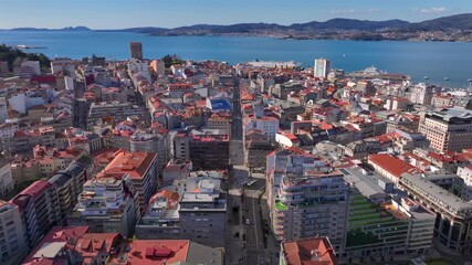 Aerial view of Vigo city center in Pontevedra, Galicia, Spain. Coastal city on the Ria de Vigo inlet, Capital Comarca.