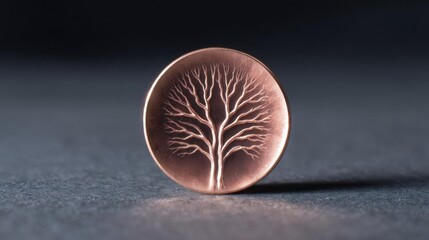 Close-up of a round, copper-colored coin with a tree design on it. the tree is in the center of the coin, with its branches and leaves extending outwards in a symmetrical pattern.